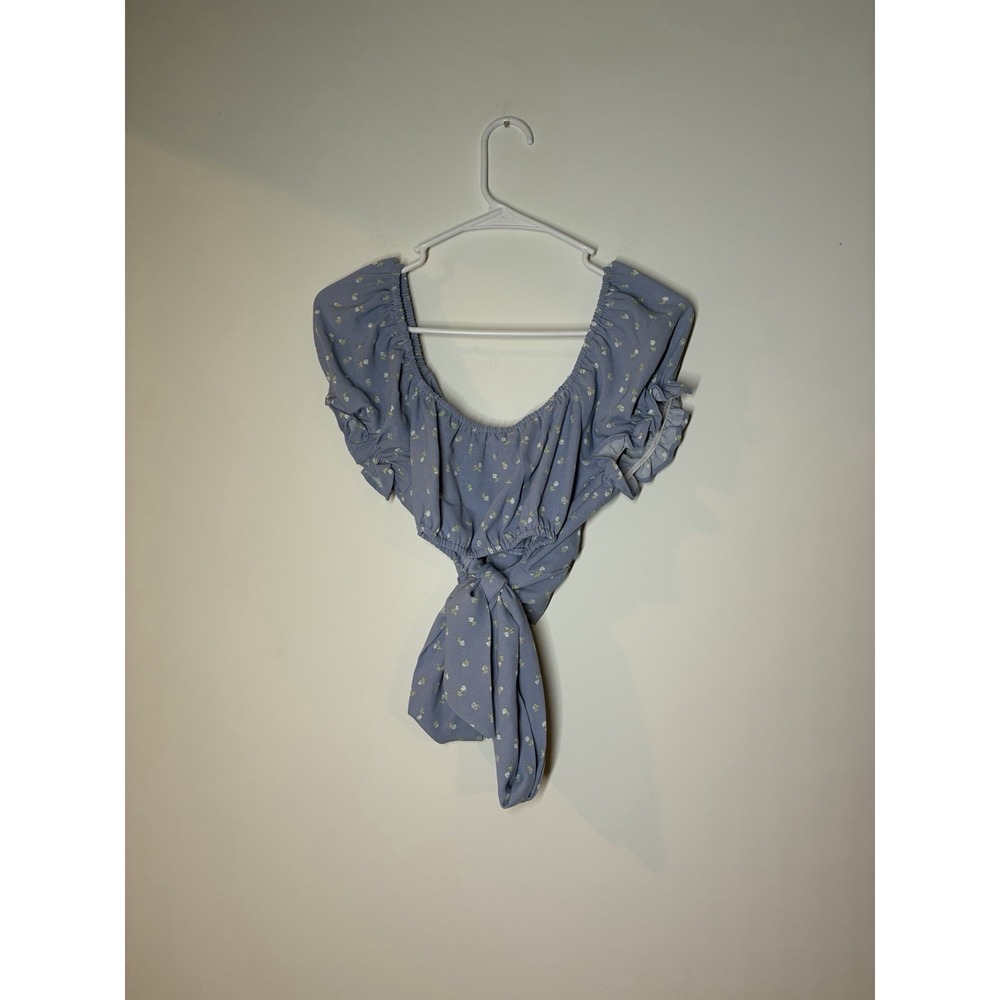 light blue short-sleeve crop top floral adjustable wrap-tie Boho Tween Fairy L